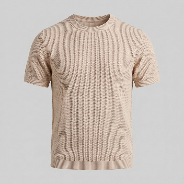 Ribbed Knit T-Shirt Heren Ronde Hals Casual