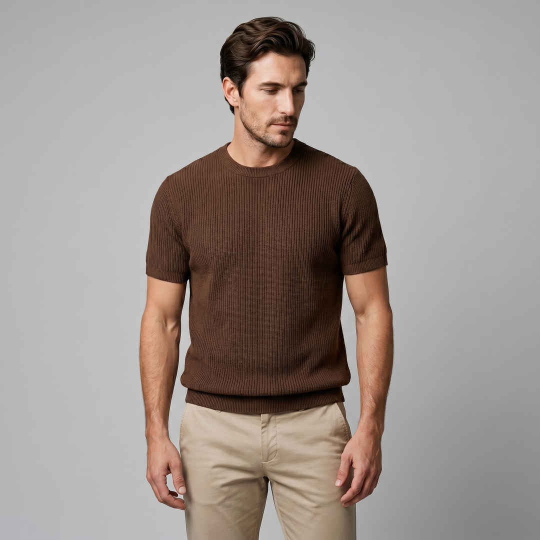Ribbed Knit T-Shirt Heren Ronde Hals Casual