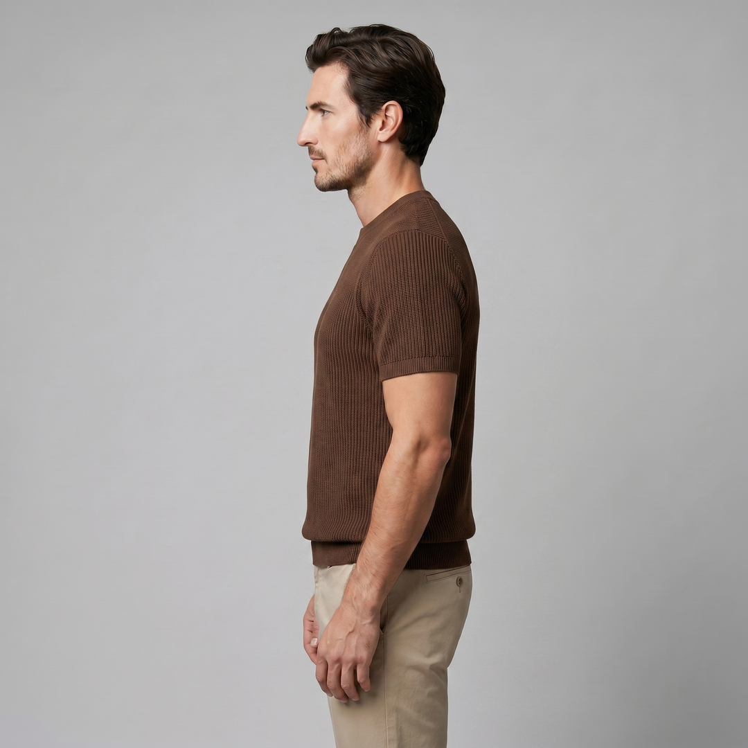 Ribbed Knit T-Shirt Heren Ronde Hals Casual