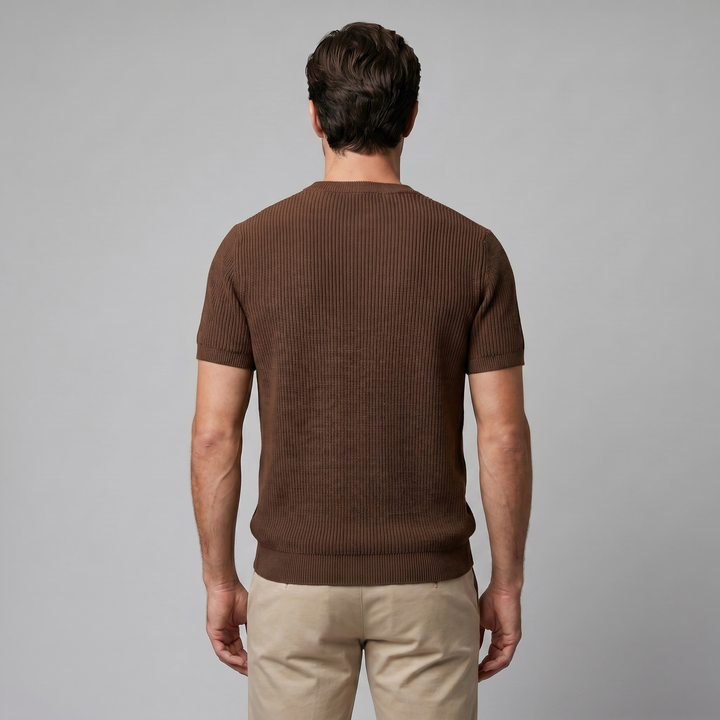 Ribbed Knit T-Shirt Heren Ronde Hals Casual