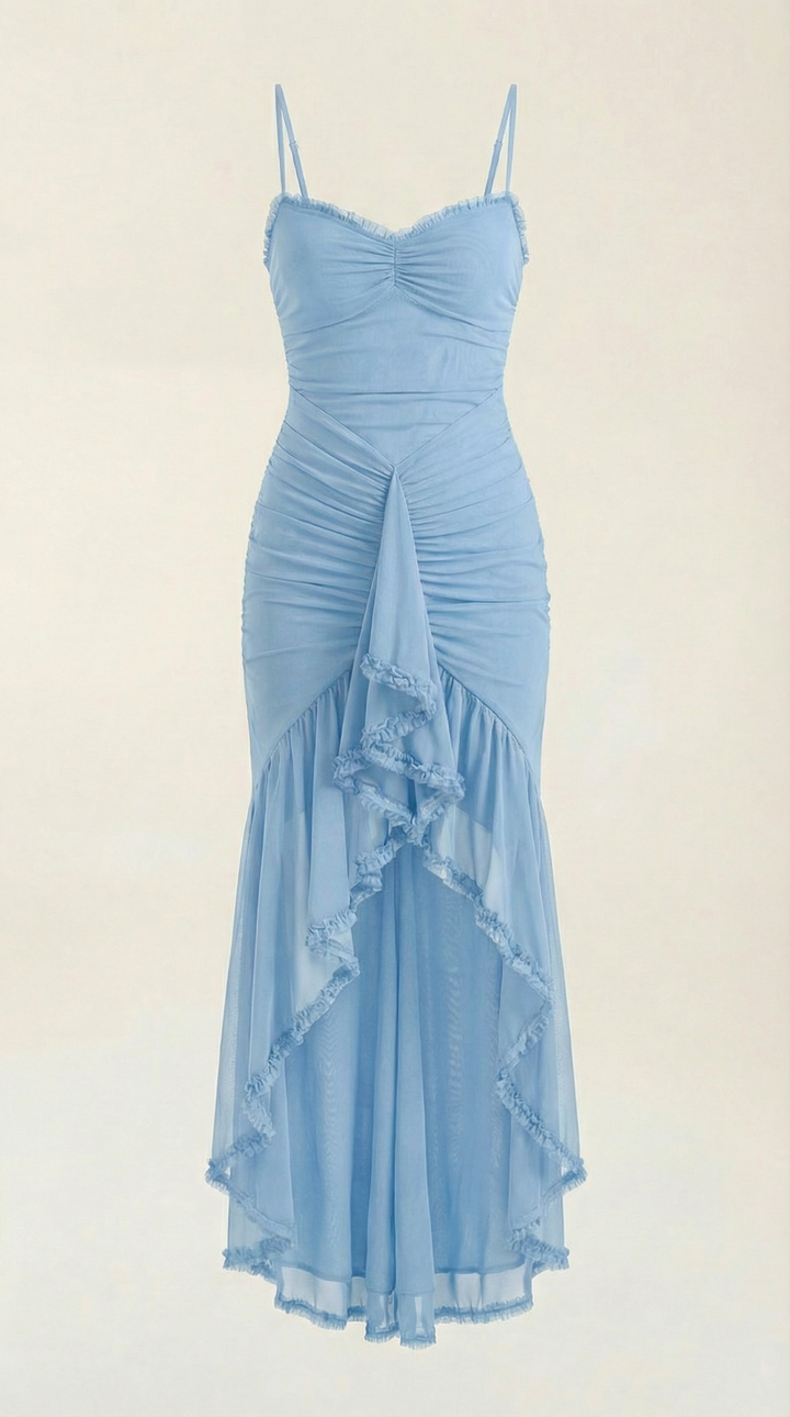Maxi-jurk dames hartvormige hals ruches asymmetrische zoom spaghettibandjes