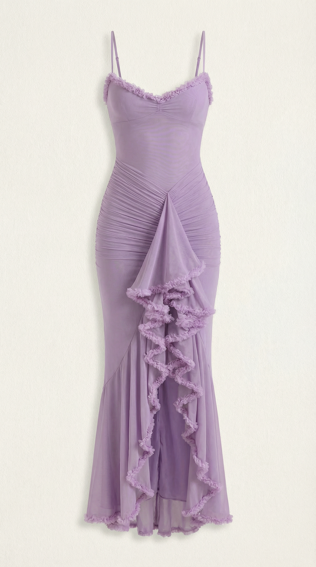 Maxi-jurk dames hartvormige hals ruches asymmetrische zoom spaghettibandjes