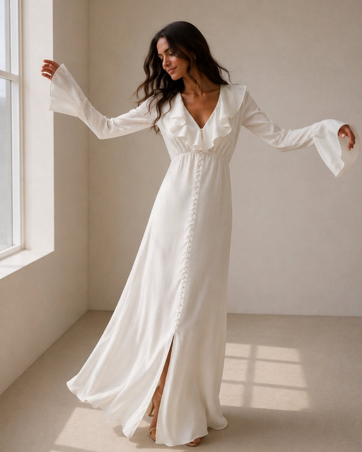 Ruffle Midi Jurk Dames Elegante Avondjurk Lange Mouwen