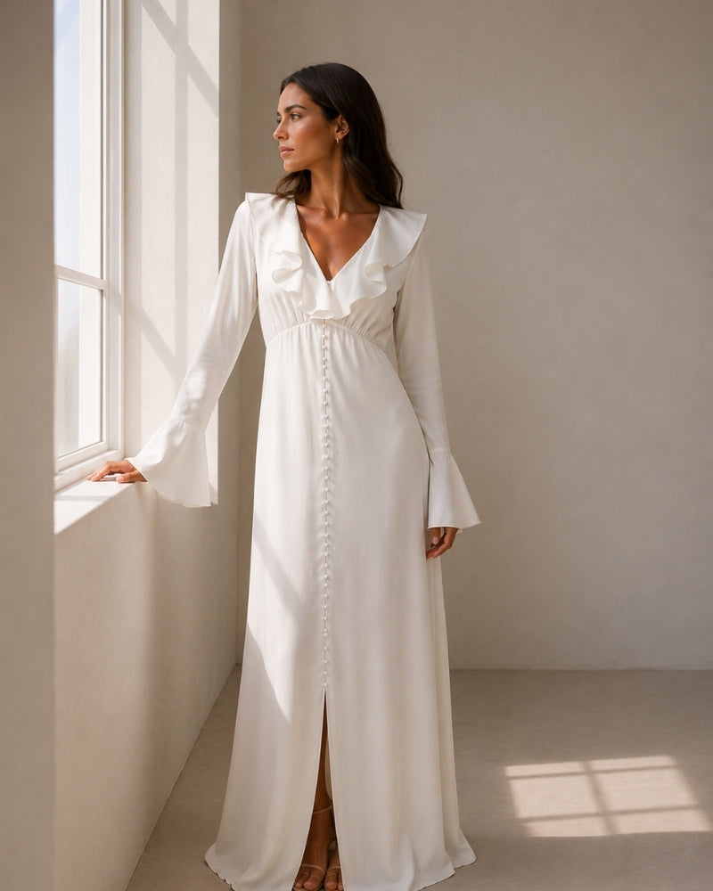 Ruffle Midi Jurk Dames Elegante Avondjurk Lange Mouwen