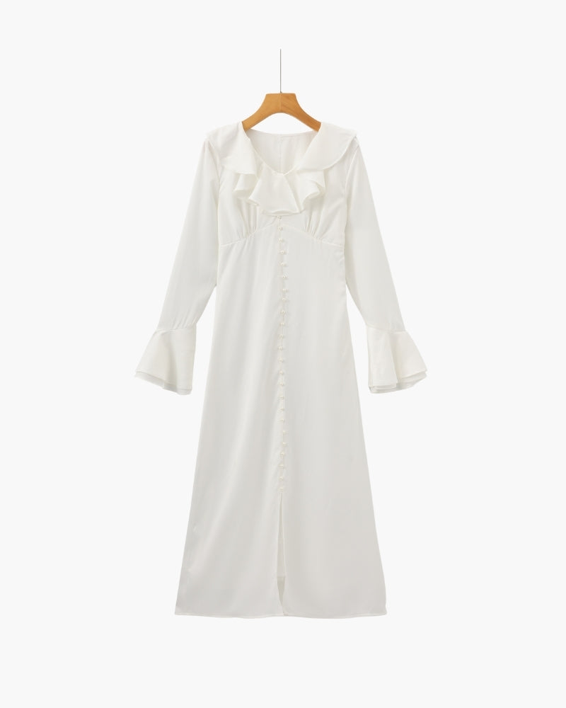 Ruffle Midi Jurk Dames Elegante Avondjurk Lange Mouwen