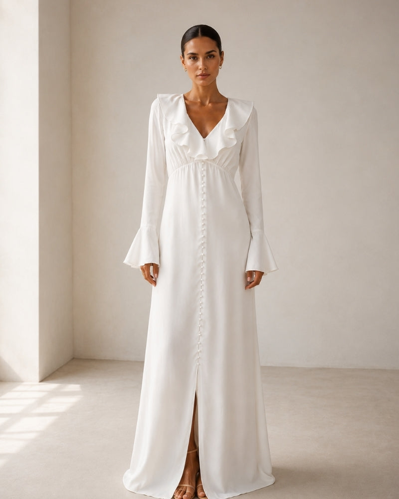 Ruffle Midi Jurk Dames Elegante Avondjurk Lange Mouwen