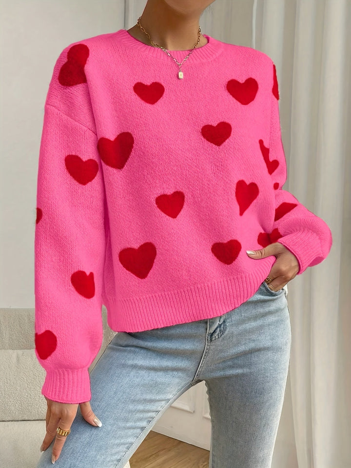 Sara | Roze trui met rood hartpatroon en ronde hals