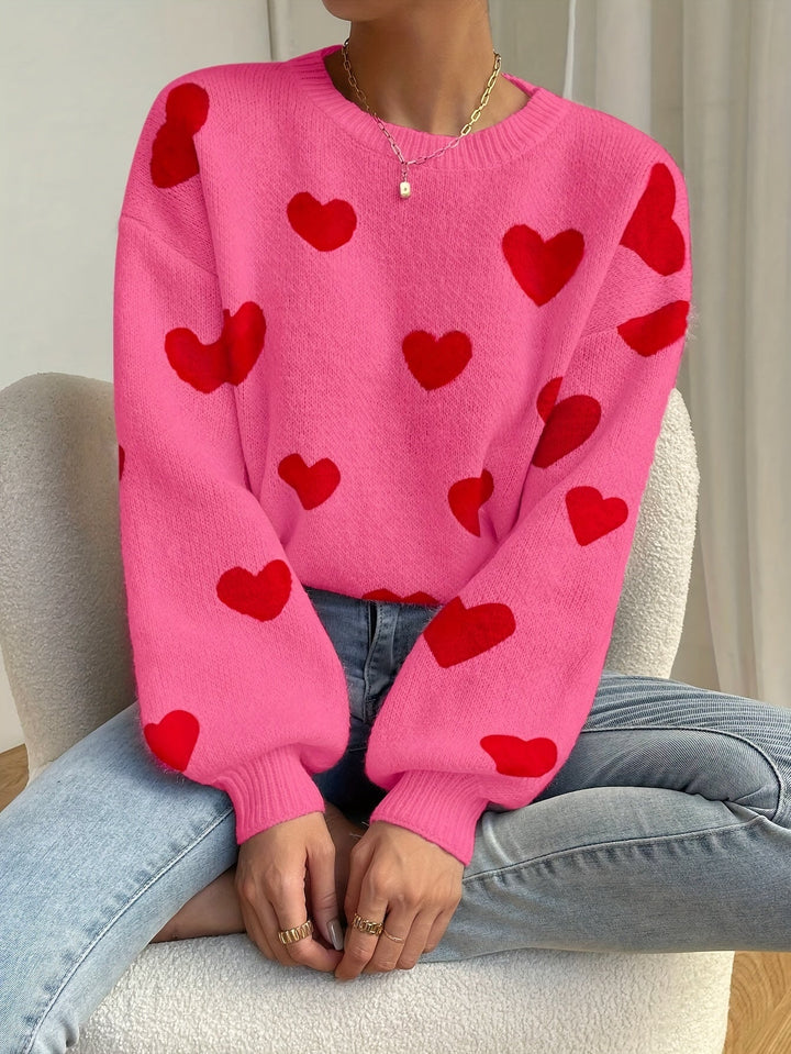 Sara | Roze trui met rood hartpatroon en ronde hals