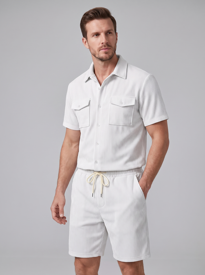 Shirt Shorts Set Heren Ribgebreide Streep Casual