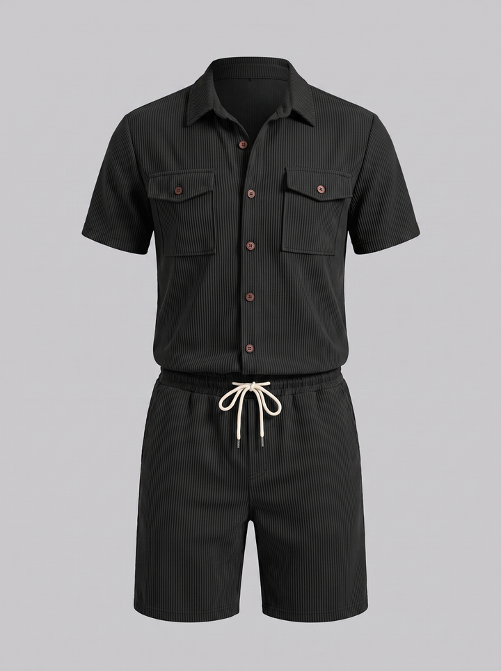 Shirt Shorts Set Heren Ribgebreide Streep Casual