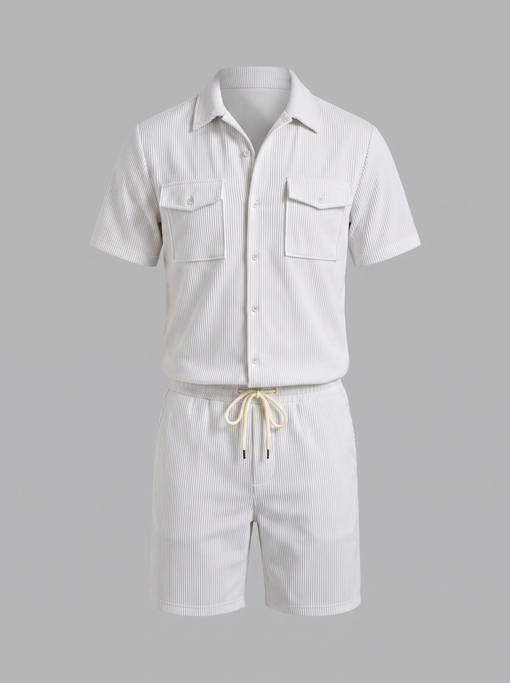 Shirt Shorts Set Heren Ribgebreide Streep Casual