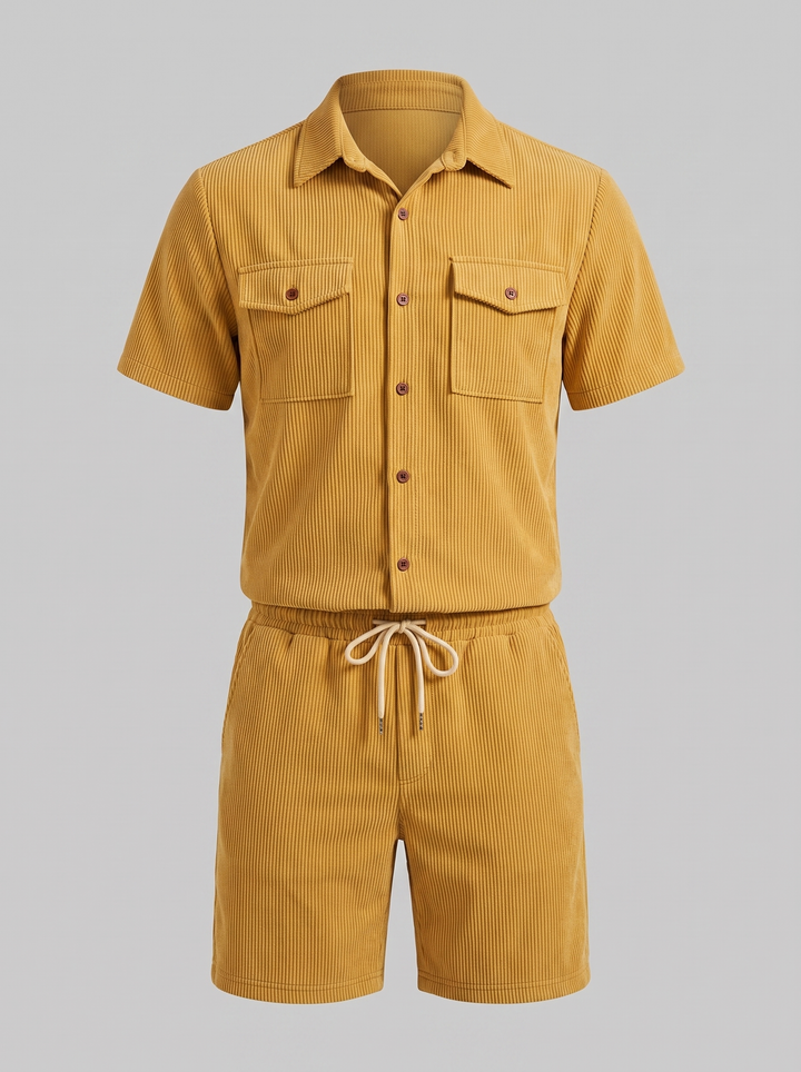 Shirt Shorts Set Heren Ribgebreide Streep Casual