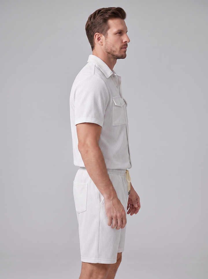 Shirt Shorts Set Heren Ribgebreide Streep Casual