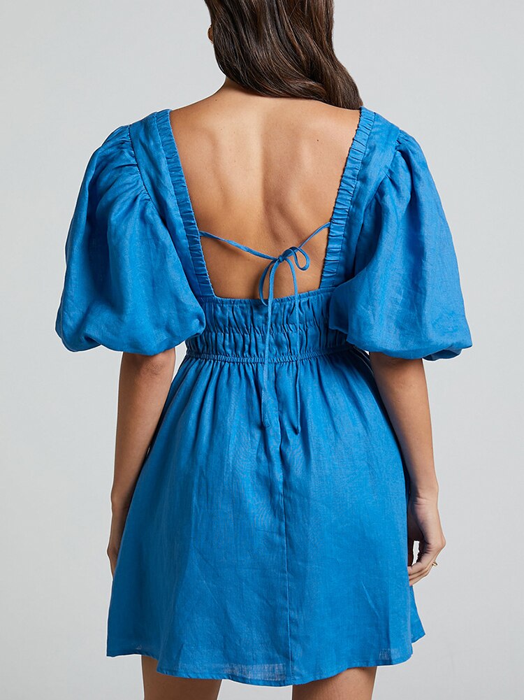 Sophie | Blauwe jurk met pofmouwen