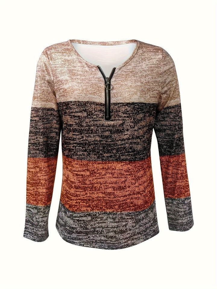 Sophie | Kleurrijk blok kwart rits T-shirt met lange mouwen