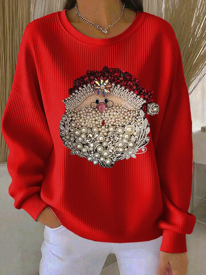 Dames Santa Claus Bedrukte Geribbelde Ronde Hals Sweatshirt