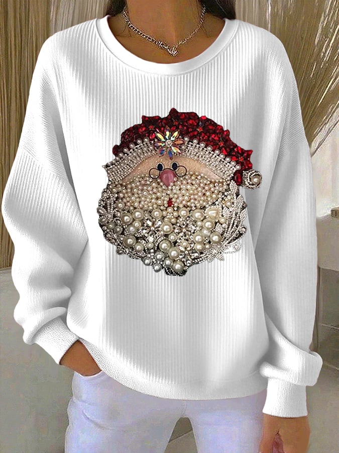 Dames Santa Claus Bedrukte Geribbelde Ronde Hals Sweatshirt