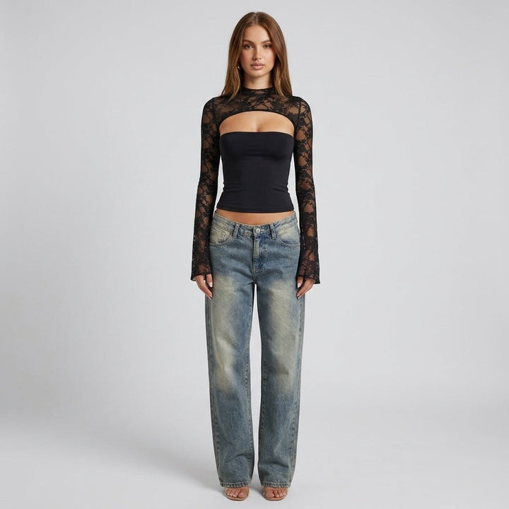 Top Dames Kant Cutout Mock Neck Flare Mouwen