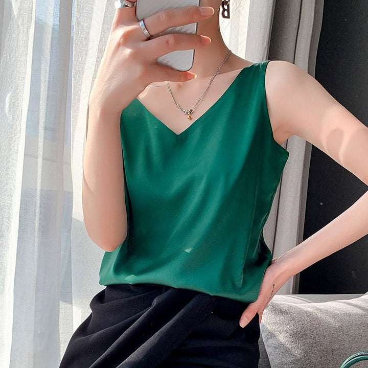 Satijnlook Tank Top Met V Hals En Losvallende Pasvorm