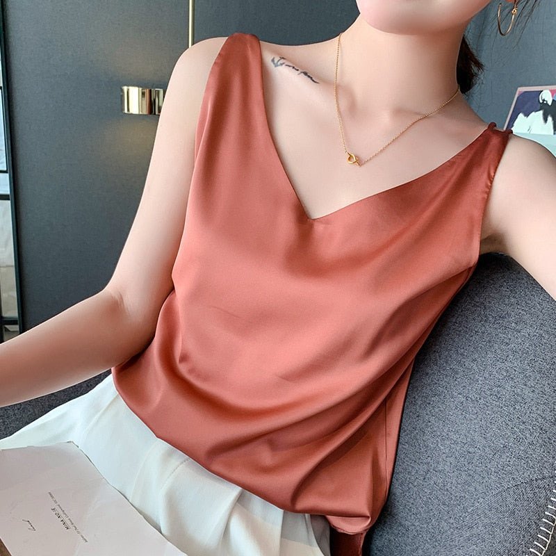 Satijnlook Tank Top Met V Hals En Losvallende Pasvorm
