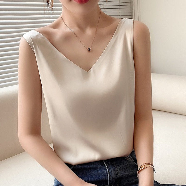 Satijnlook Tank Top Met V Hals En Losvallende Pasvorm