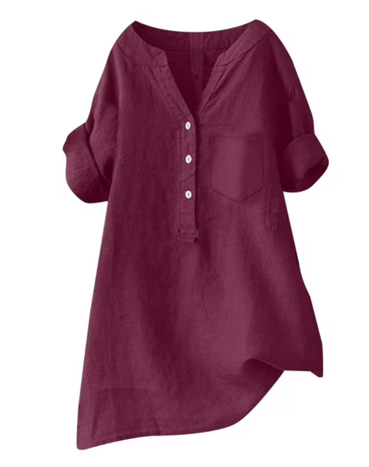 Luchtige Dames Tuniek Blouse Met V Hals En Knoopsluiting