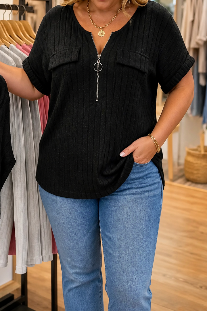 Veloura – Ribbels Adjustable Zip-Neck Knit Top