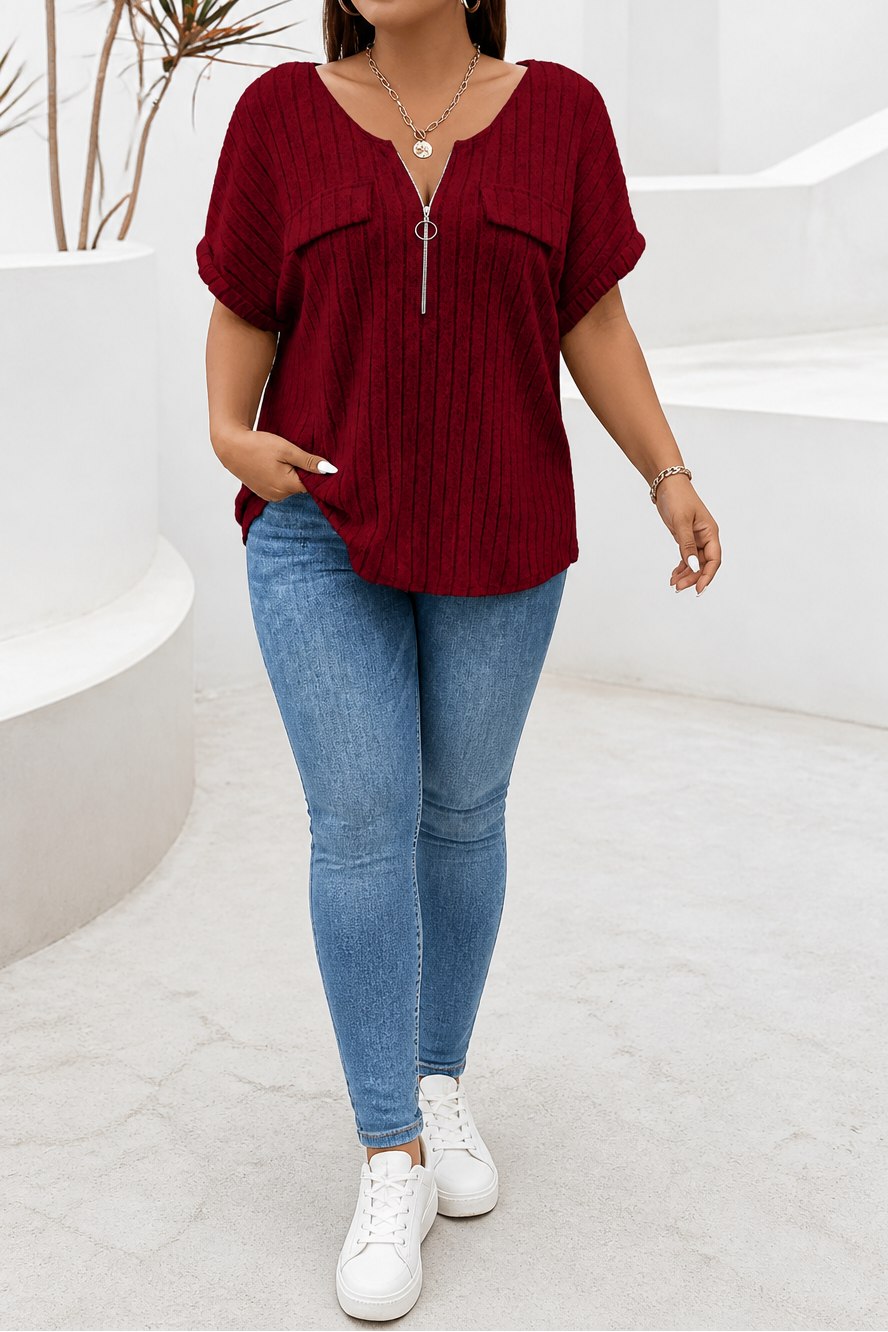 Veloura – Ribbels Adjustable Zip-Neck Knit Top