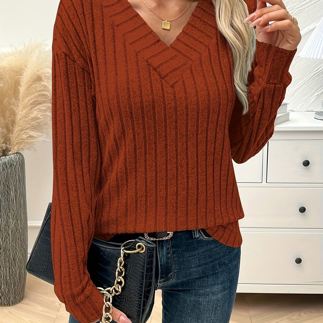 Vera | Effen kleur V-hals T-shirt met lange mouw