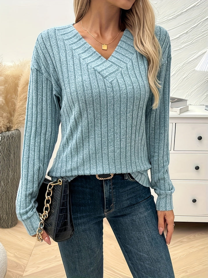 Vera | Effen kleur V-hals T-shirt met lange mouw