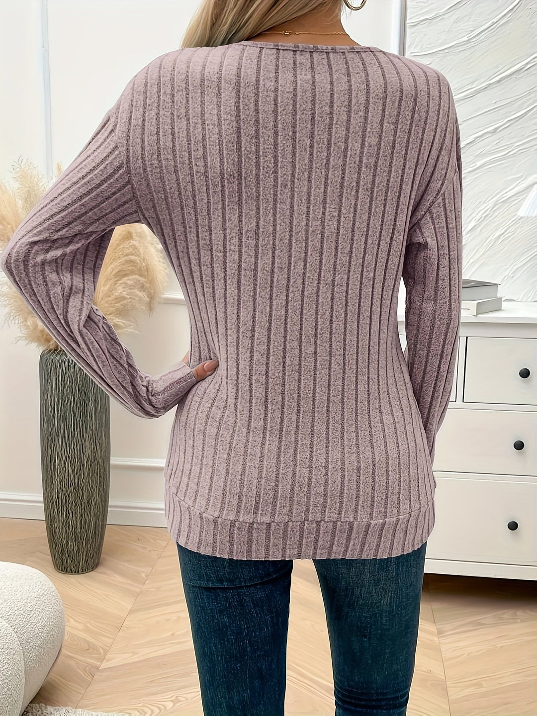Vera | Effen kleur V-hals T-shirt met lange mouw