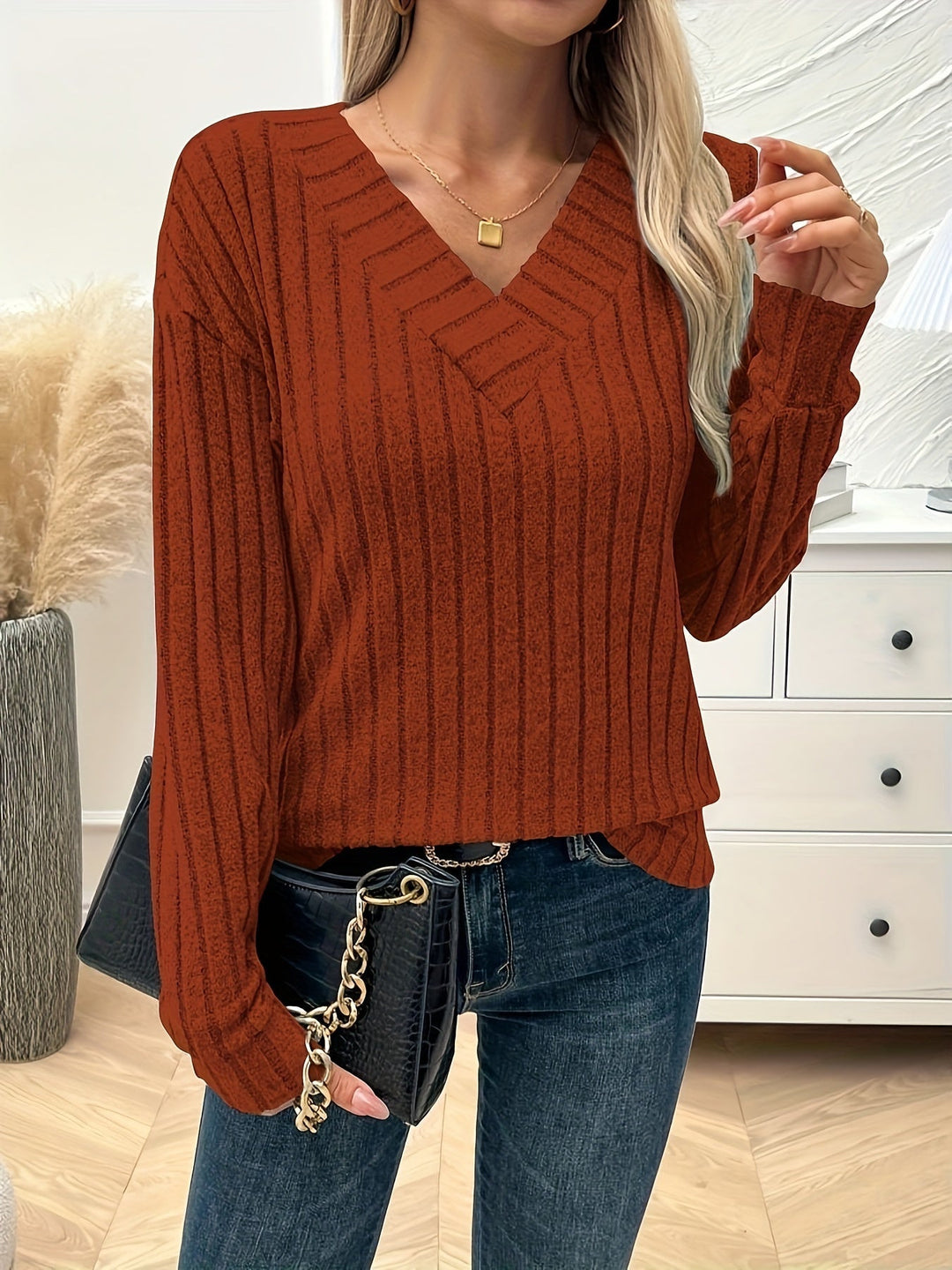 Vera | Effen kleur V-hals T-shirt met lange mouw