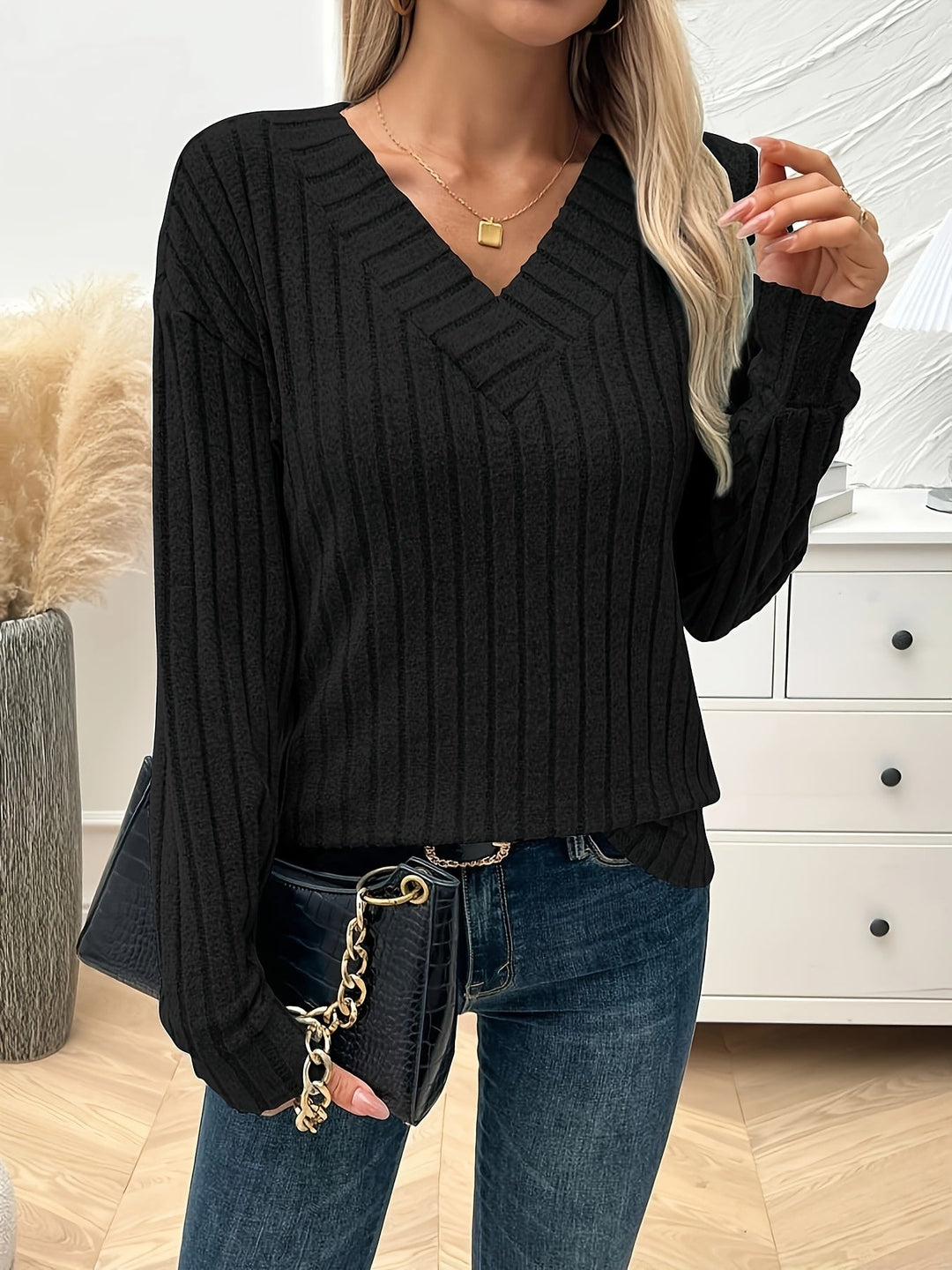 Vera | Effen kleur V-hals T-shirt met lange mouw