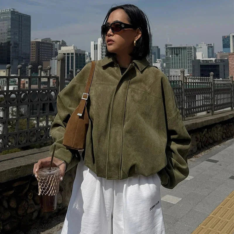Dames Oversized Faux Suède Bomberjack met Relaxed Streetwear Pasvorm