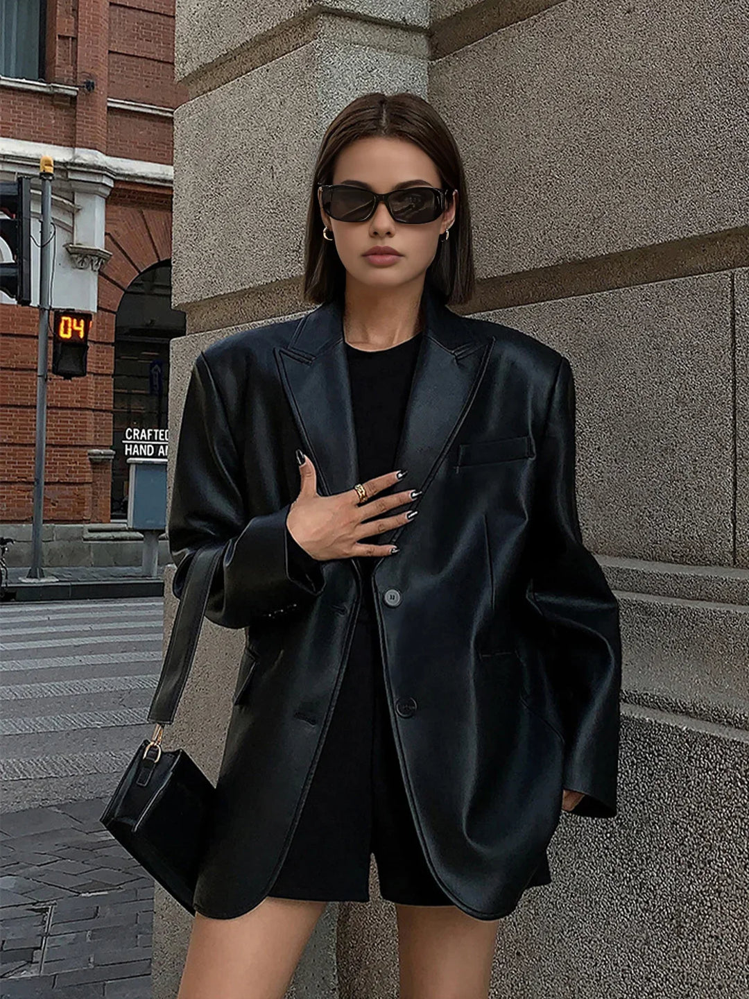 Dames Oversized Faux Leather Blazer Jas