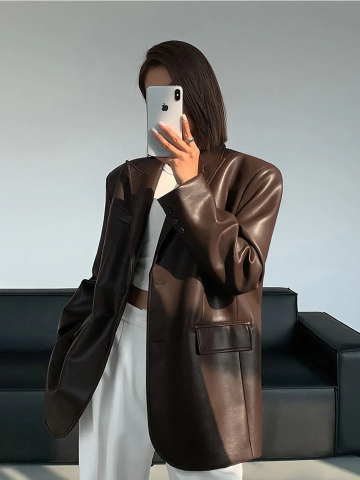 Dames Oversized Faux Leather Blazer Jas