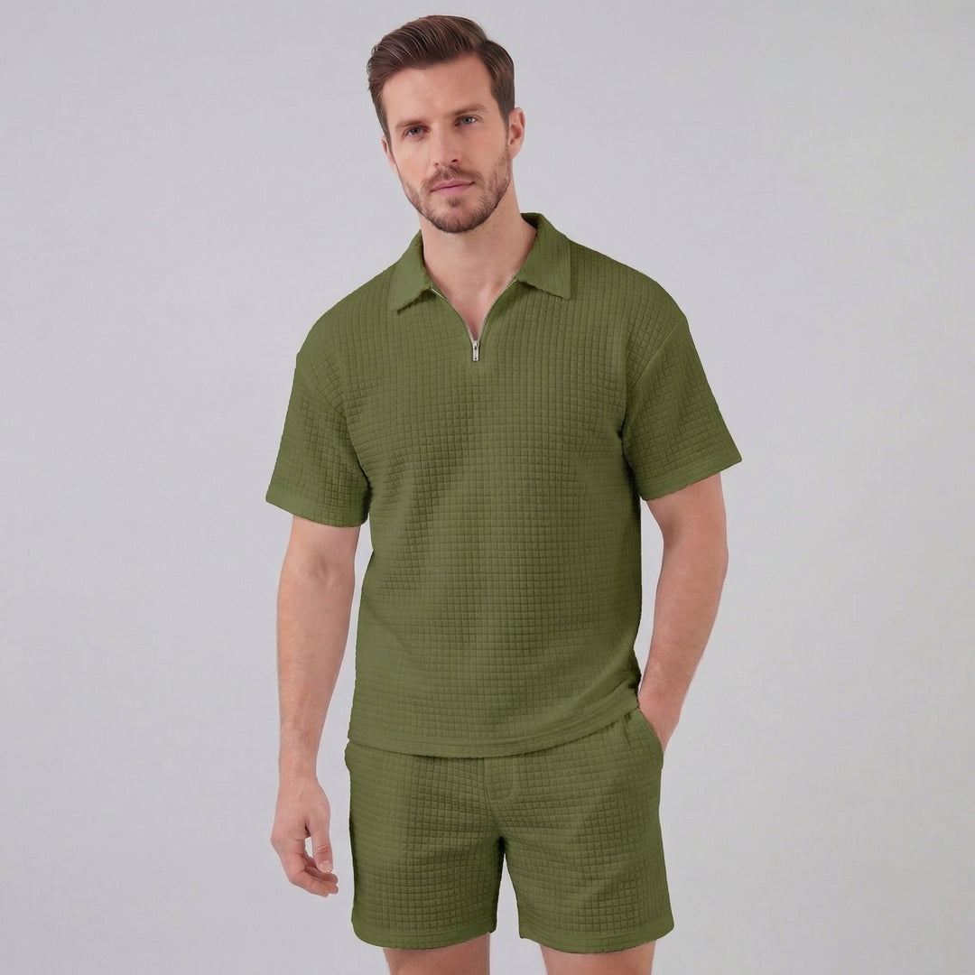 Waffle Knit Set Heren Zomer Casual Half Zip Polo