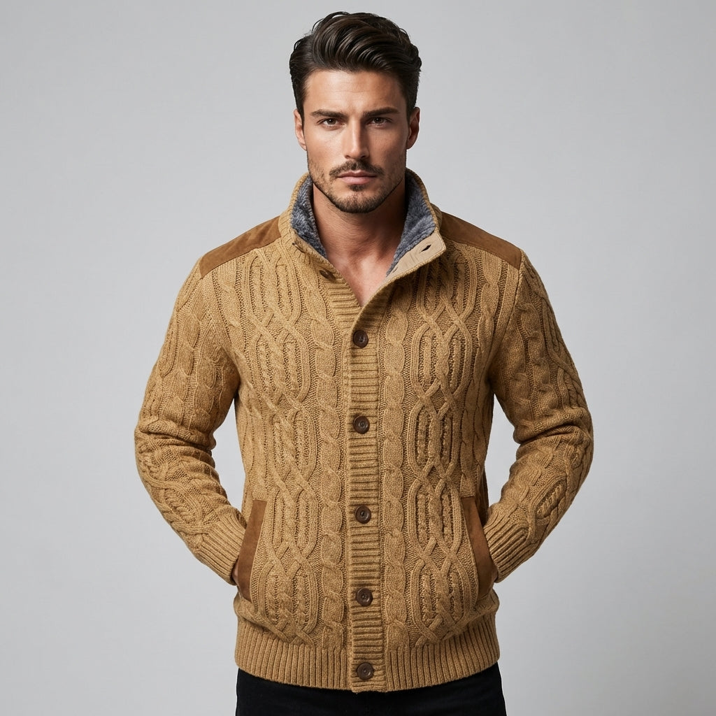 Heren Warm Sherpa Gevoerde Kabelgebreide Cardigan