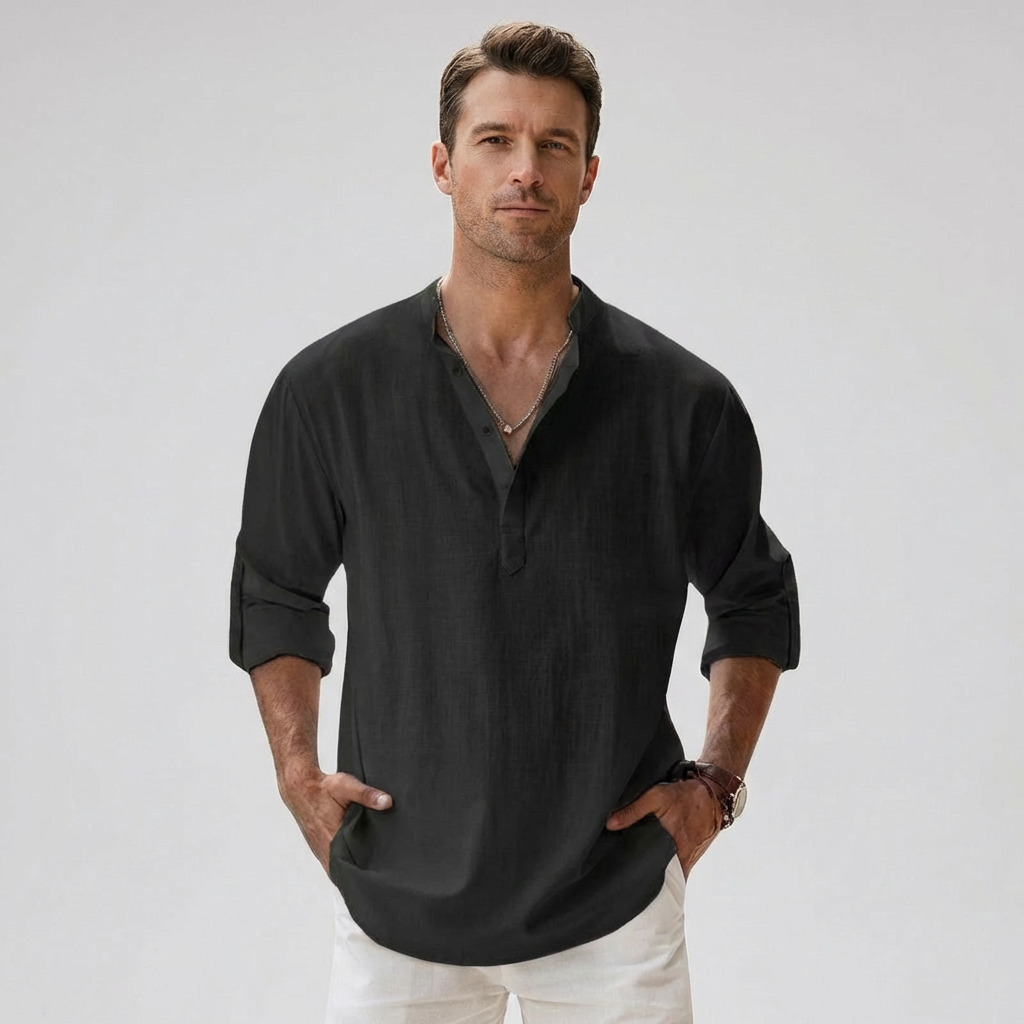 Heren Linnenmix Bandkraag Henley Shirt
