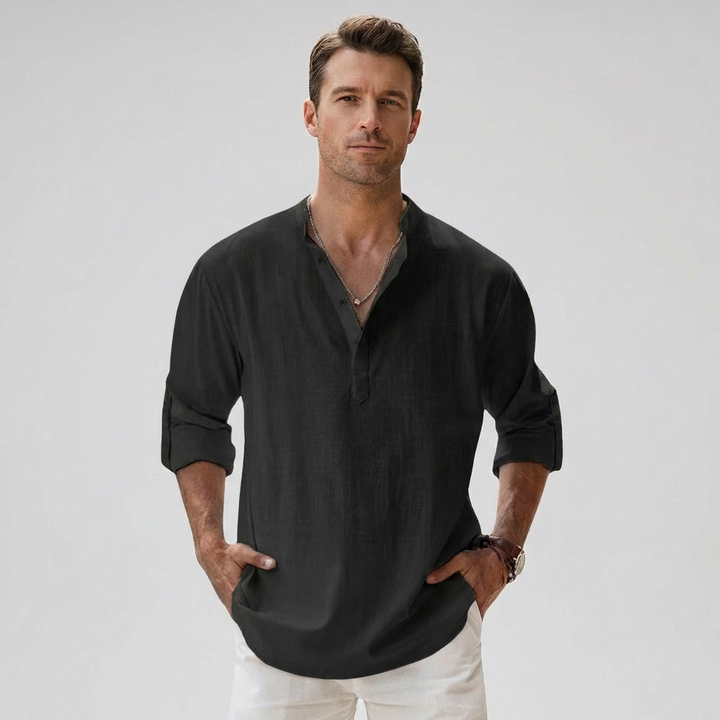 Heren Linnenmix Bandkraag Henley Shirt