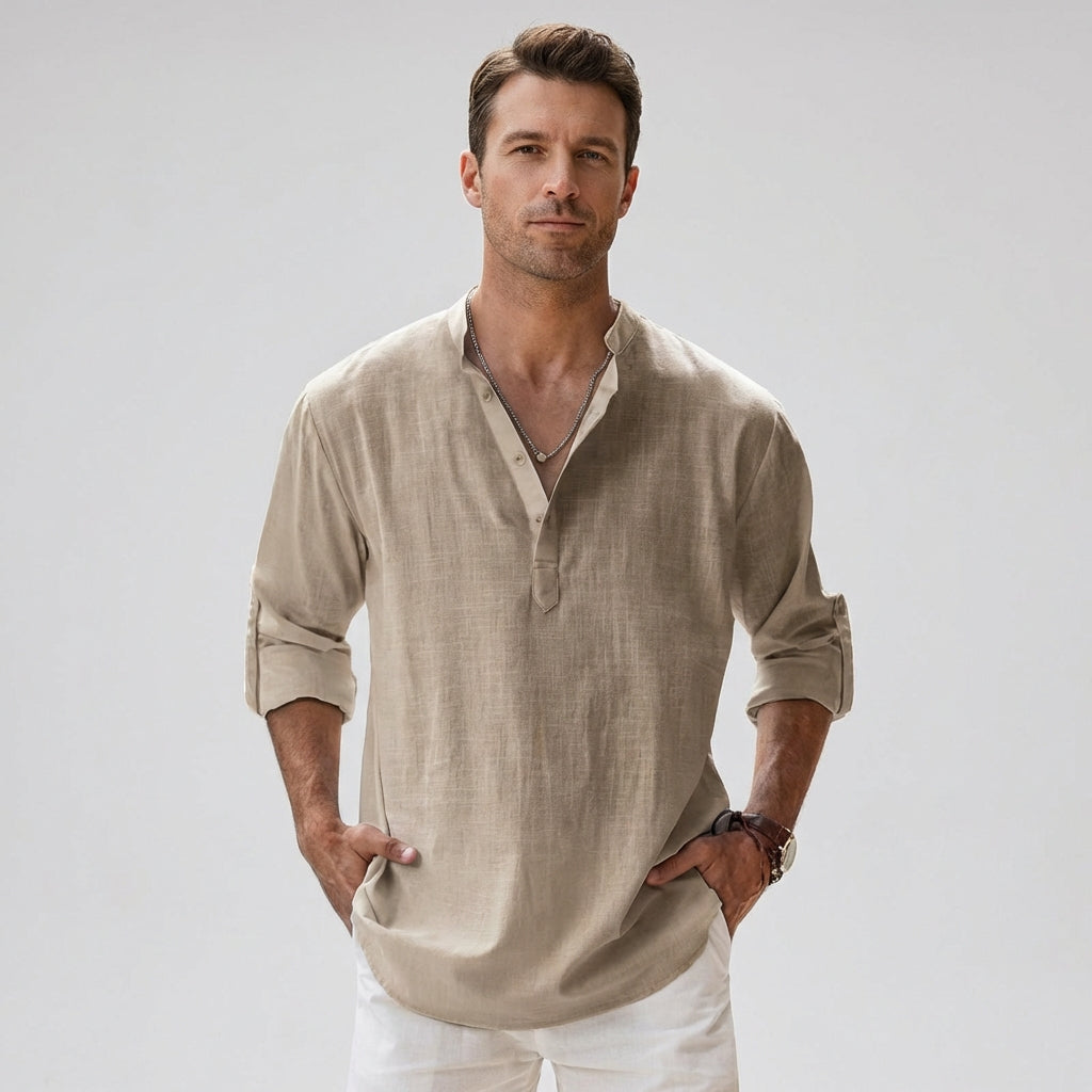 Heren Linnenmix Bandkraag Henley Shirt