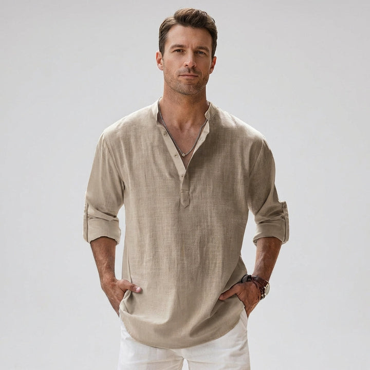 Heren Linnenmix Bandkraag Henley Shirt