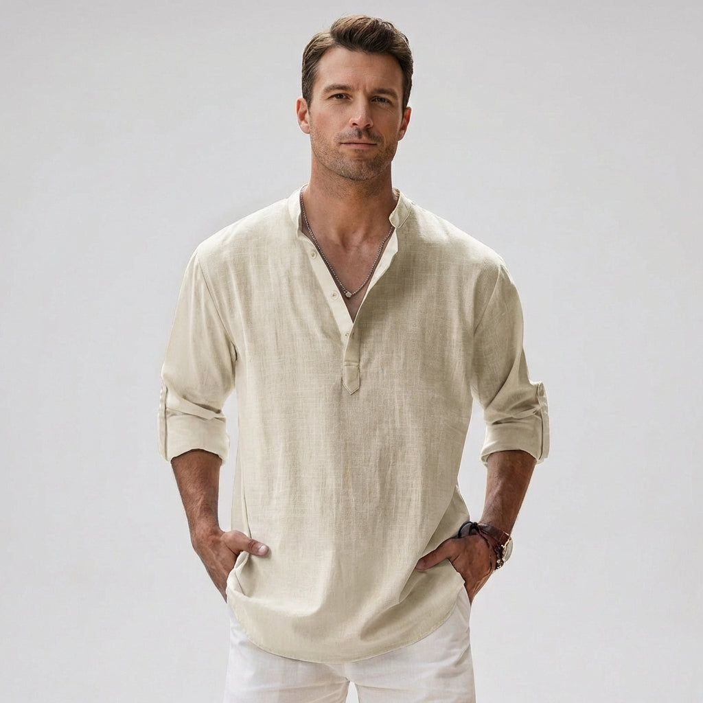 Heren Linnenmix Bandkraag Henley Shirt