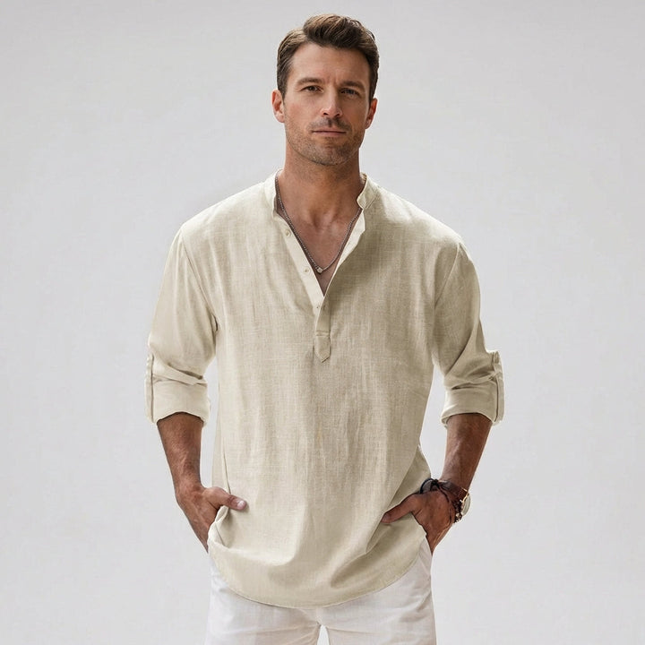 Heren Linnenmix Bandkraag Henley Shirt