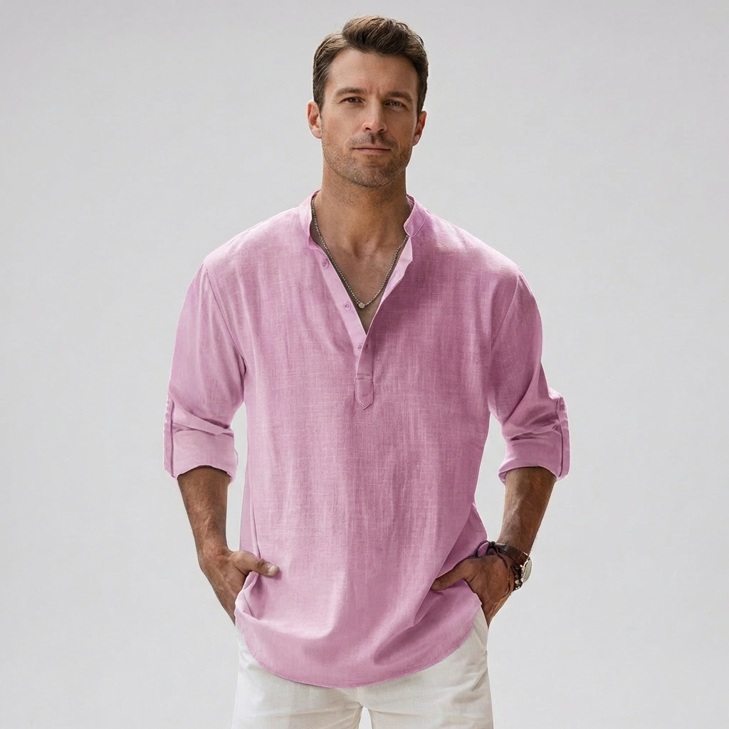 Heren Linnenmix Bandkraag Henley Shirt
