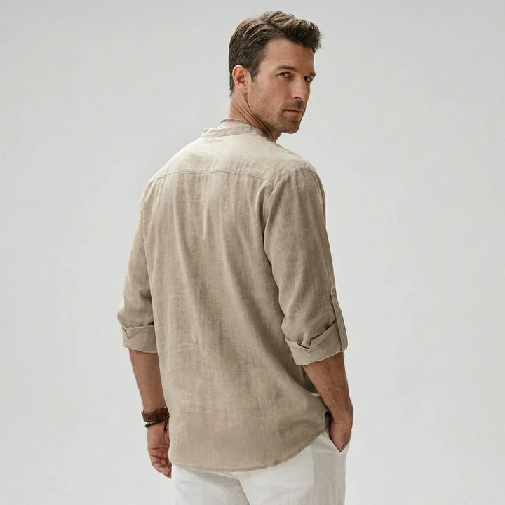 Heren Linnenmix Bandkraag Henley Shirt