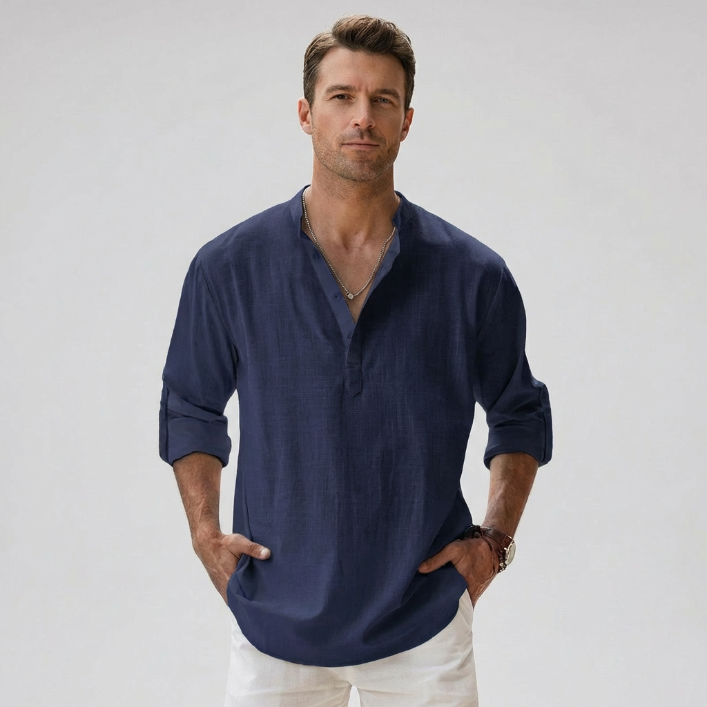 Heren Linnenmix Bandkraag Henley Shirt