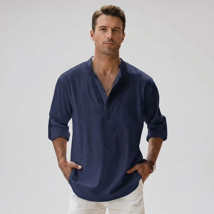 Heren Linnenmix Bandkraag Henley Shirt
