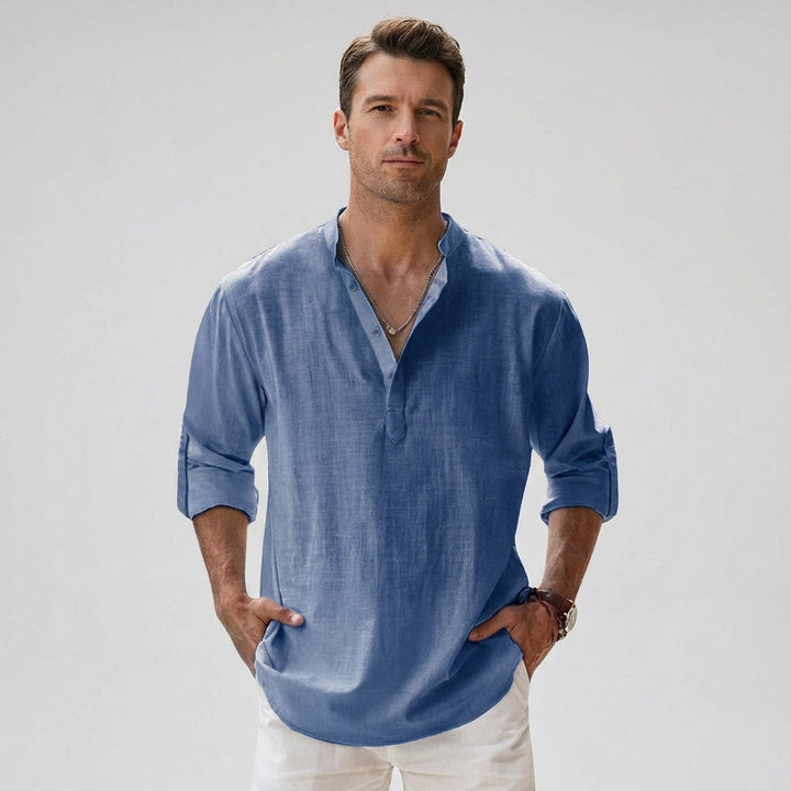 Heren Linnenmix Bandkraag Henley Shirt