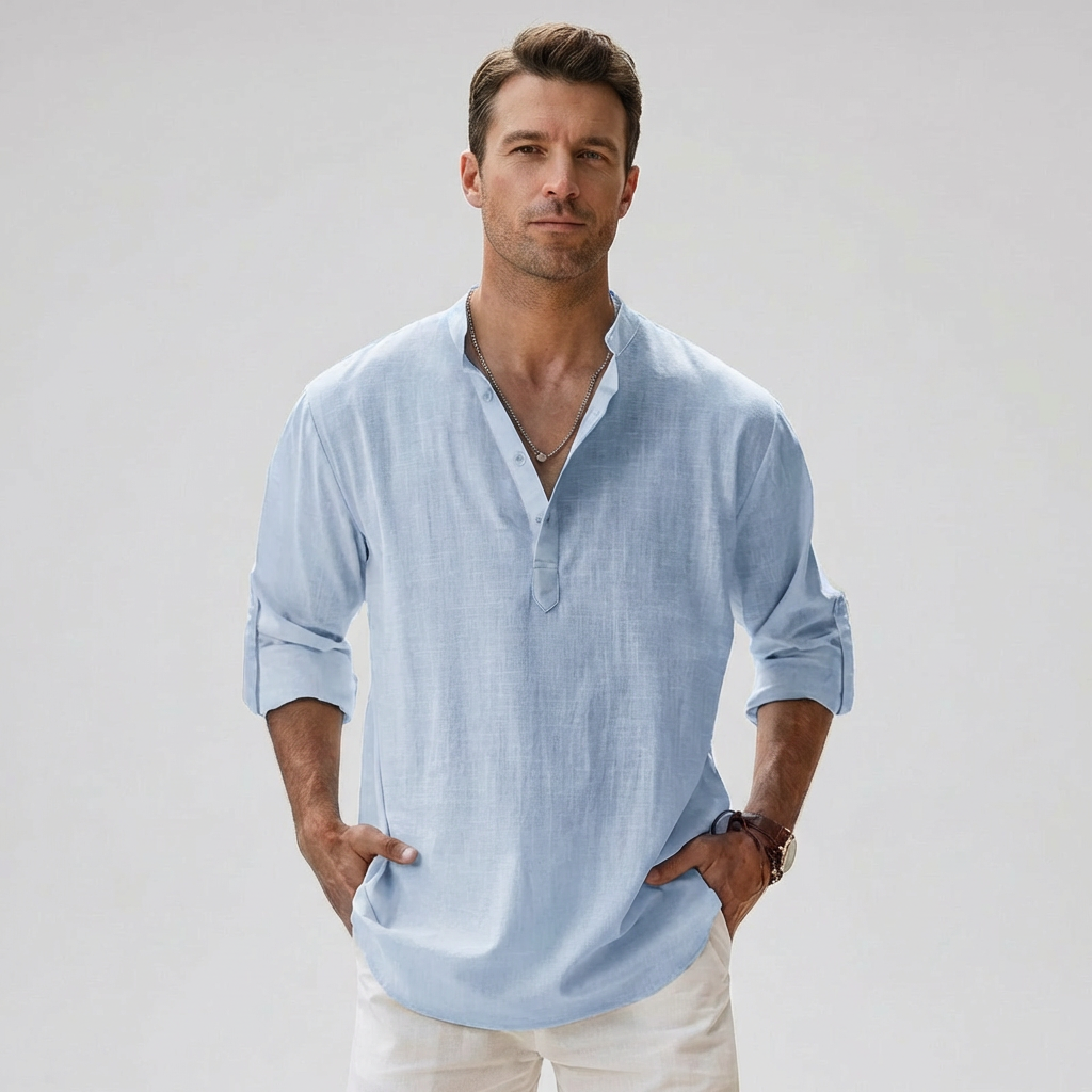 Heren Linnenmix Bandkraag Henley Shirt